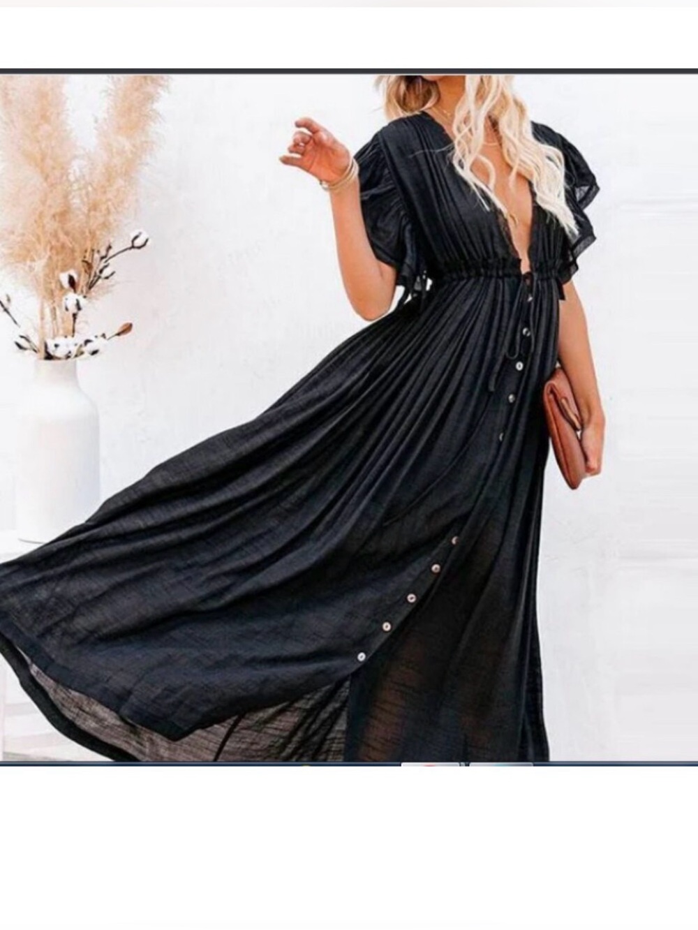 NWT PEACH LOVE CALIFORNIA Take Me Away Boho Flutter Sleeve Black Maxi Dress M
